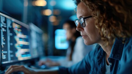 A dedicated programmer concentrates on coding on a computer in a dimly lit room, creating and analyzing complex code with a focused and intense look on a glowing monitor.