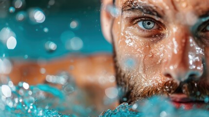 Fototapeta premium A vibrant swimming pool scene featuring dynamic water splashes, with a blurred swimmer in the background. The image captures the energy and motion of swimming.