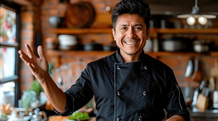 Fototapeta premium Smiling chef in a modern kitchen, dressed in black uniform, gesturing and ready to create a delicious meal. Cooking and culinary arts enthusiast.