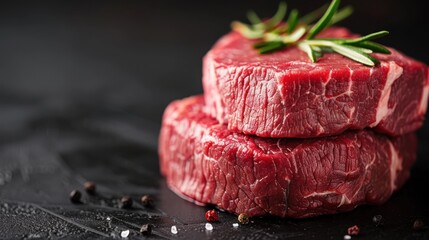 A stack of raw beef steaks adorned with fresh rosemary on a dark surface, seasoned with sea salt and pepper, emanating the essence of fresh culinary excellence.