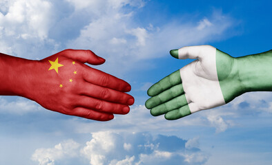 Nigeria and China country handshaking with flags, consensus concept international co-operation illustration