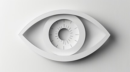 Paper cut art of white eye with a clock on it. The eye is drawn in a way that it looks like it is looking at the camera