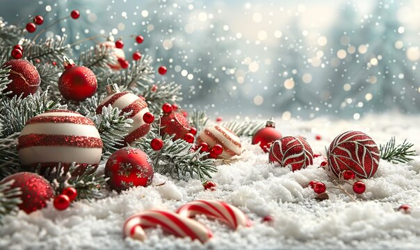 vintage christmas background,red,white balls decoration fir tree branches candy canes confetti retro christmas card template