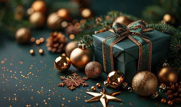 dark green christmas background,gift box baubles star snowflakes happy new year banner merry christmas greeting card template