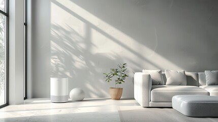 The living room has a white interior with an air purifier in the middle.