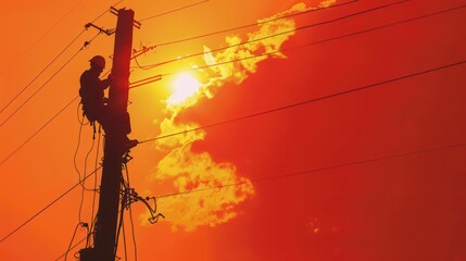 Electrician working on tall electric pole