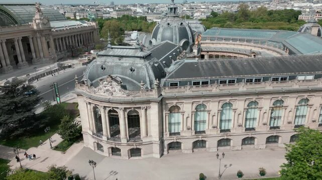 Petit Palais and Grand Palais in Paris, France. Aerial drone orbiting