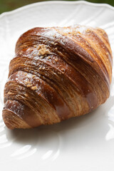 Croissant at a white plate, with white powder sugar on top, on a white plate