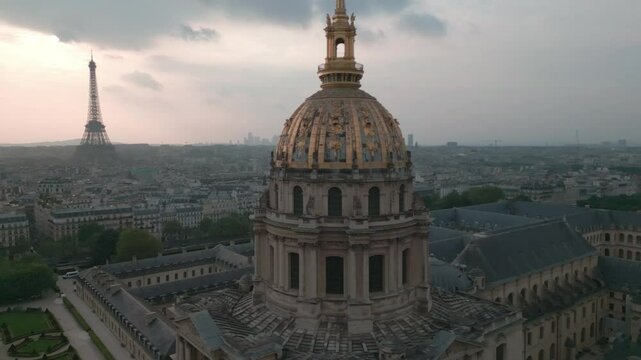Les Invalides with Golden dome and Tour Eiffel in background, Paris in France. Aerial orbiting
