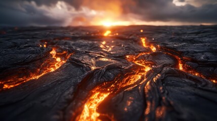 Fototapeta premium Lava streams flow across the landscape, creating a dramatic and stunning scene at sunset, with glowing lava against the dark terrain, showcasing nature's immense power.