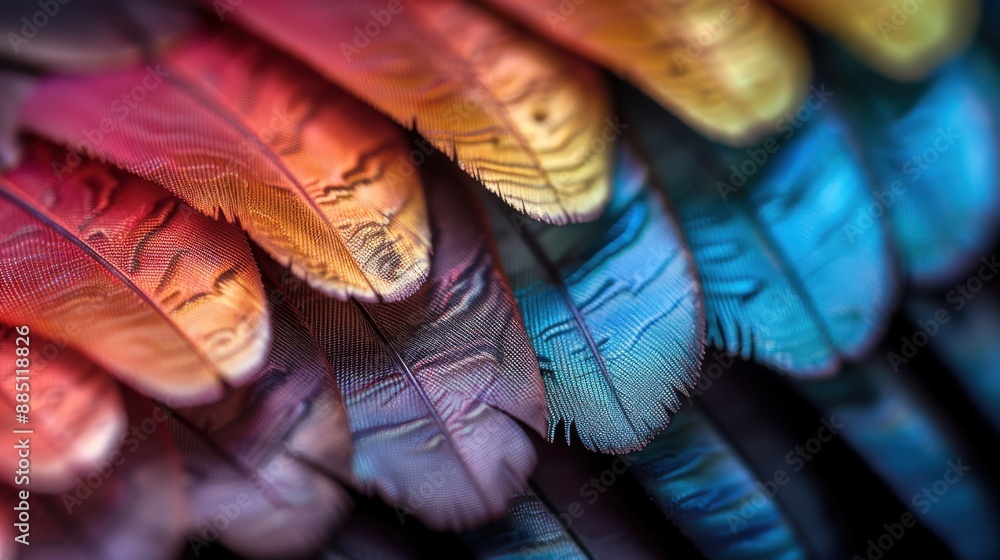 Poster an abstract close-up image of feathers, revealing a delicate and colorful pattern, symbolizing fragi