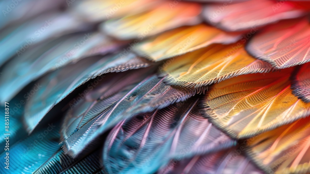 Poster an intricate macro shot of vibrant and colorful bird feathers showcases the delicate patterns and te