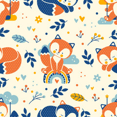 Seamless background featured cute foxes. Cheerful playground with funny baby animals. Colorful flat style seamless vector print