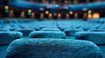 Obraz premium Rows of empty blue theater seats line the interior of a dimly lit auditorium, with stage lights on, setting the scene for an upcoming performance or event.