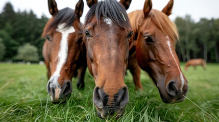 Obraz premium A close-up image of three horses standing together in a grassy field, highlighting their distinct features and the serene beauty of nature in the backdrop of a peaceful environment.