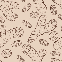 Seamless pattern with ginger. Hand drawn vector illustration in outline style.