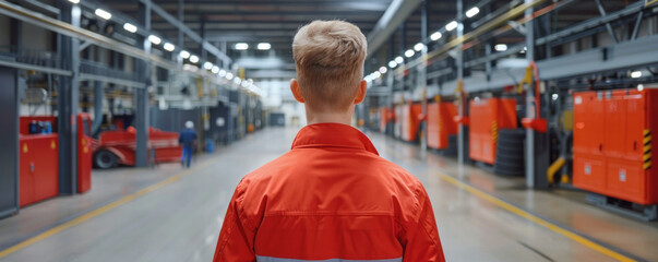 A man in a red jacket stands in a large industrial building. The building is mostly empty, with only a few other people visible in the background. The man is looking up at something