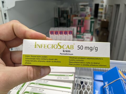 Prague, Czech Republic - July 10 2024: INFECTOSCAB box of medication with PERMETHRIN active substance by INFECTOPHARM, used for treatment of scabies.

