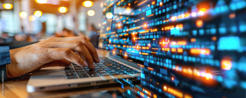 Poster a person is typing on a laptop computer with a screen displaying a colorful, abstract pattern. conce