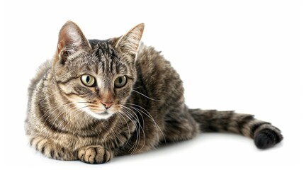 Obraz premium Cat sitting with its tail wrapped around its paws, isolated on a white background