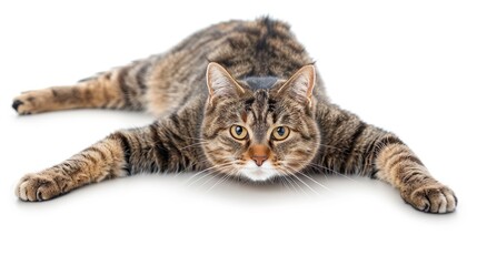Obraz premium A cat stretching with its front paws extended, isolated on a white background