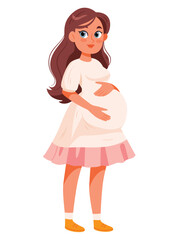 Beautiful pregnant woman in a lush pink dress.The concept of motherhood and family. Pregnancy, goods for preparation for childbirth.