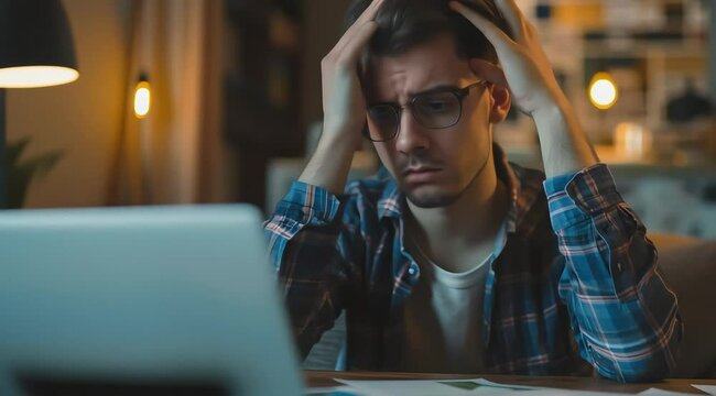 A stressed young Asian man sits on a sofa, calculating expenses from bills. He can't pay his mortgage or loan and faces a financial crisis, risking bankruptcy.