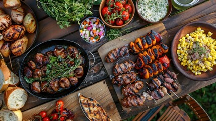 Fototapeta premium Barbecue is served with delicious food as families and friends gather to celebrate summer festivities.