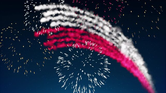 Poland holiday banner template. Fireworks polish flag night sky background. Polish national holiday. Poland flag fireworks. Template, place for text, copy space. Animated greeting card