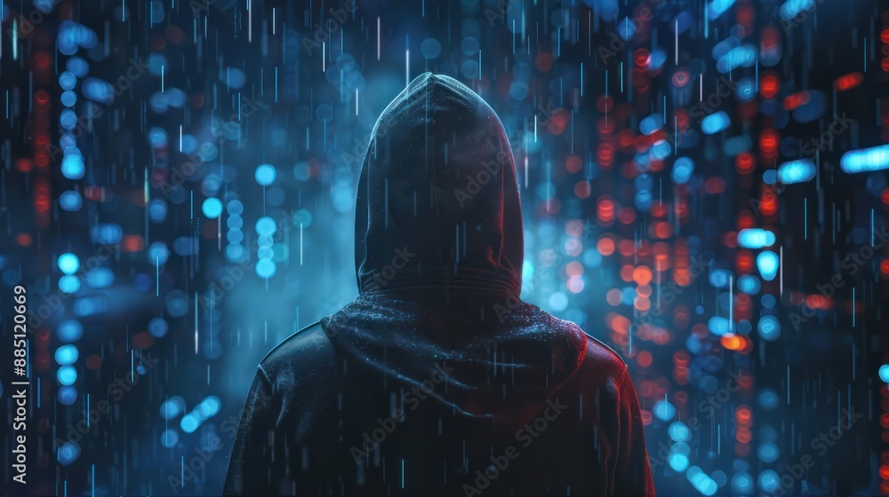 Aufkleber back view of unrecognizable mysterious hacker in hoodie overlooking digital data streams on dark blu