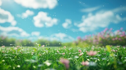 Blurred background of spring nature with a nicely trimmed lawn against a blue sky and clouds on a bright sunny day. Generative AI