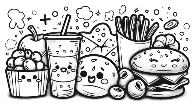 bold and easy kawaii food and snacks coloring page for kids, white background