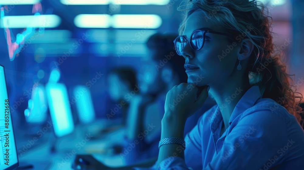 Aufkleber a group of white people learning in an office with a blue filter. generative ai.