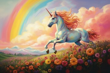 Unicorn running painting landscape outdoors.