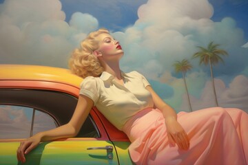 Women leaning on a car painting adult cloud.