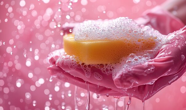 house cleaning service concept hand in pink glove holding washing sponge