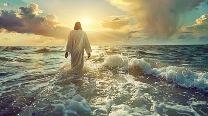 Realistic photo of jesus walking on the ocean towards the camera, capturing a spiritual moment
