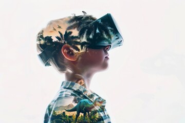 A young boy wearing a VR headset is immersed in a digital world, with tropical foliage and a dinosaur visible through the headset