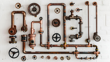 Obraz premium Copper valves and pipes on a white wall