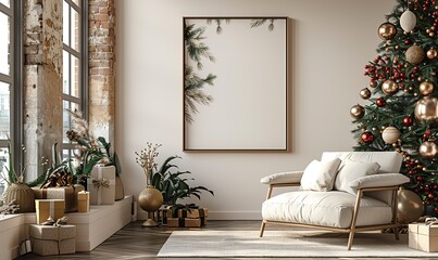 frame,modern christmas decorations on beige background elegant christmas vertical banner new year poster mockup