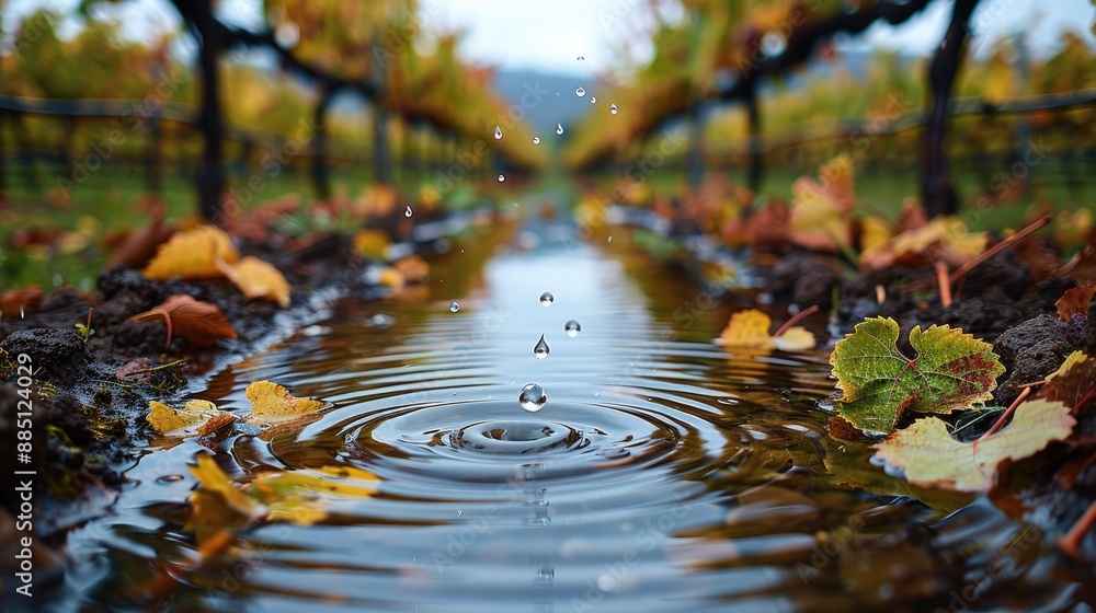 Aufkleber Raindrops creating tiny ripples in puddles within a vineyard. Generative AI.