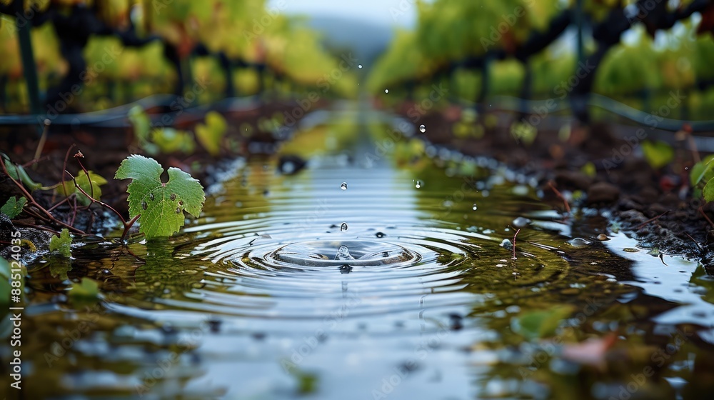Poster Raindrops creating tiny ripples in puddles within a vineyard. Generative AI.