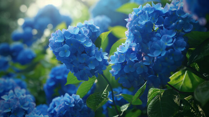 A garden filled with lush blue bushes in full bloom, their large clusters of flowers creating a sea of blue