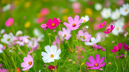 pink and white flowers, Colorful Flowers A meadow filled with flowers in various colors, including pink, white, and magenta, against a bright green background