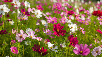 Obraz premium Colorful Flowers A meadow filled with flowers in various colors, including pink, white, and magenta, against a bright green background