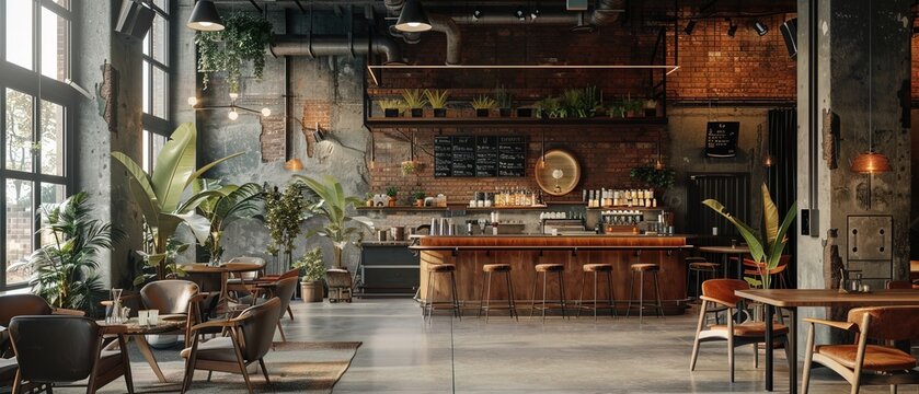 Interior of cozy restaurant, loft style with bar and chairs 