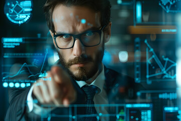 Person analyzing the graphs on the screen of stock market operations