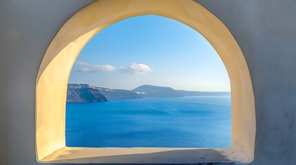 Fototapeta premium An arched gateway with picturesque views of Santorini's beaches and azure waters
