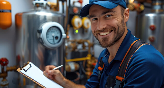 A smiling technician in a blue uniform and cap servicing a home water heater system, holding a clipboard and pen, portraying professionalism, maintenance work. Generative AI.