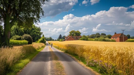 Country road stretching through golden fields on a sunny day. The serene landscape with lush trees and a brick house in the distance.